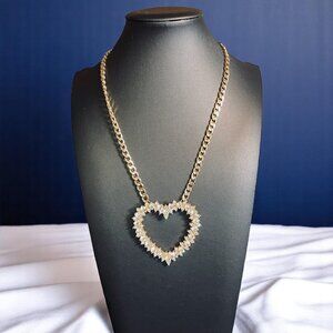 Gold Tone Heart Necklace Crystal Statement Chain Bling Iced Out Y2K Jewelry